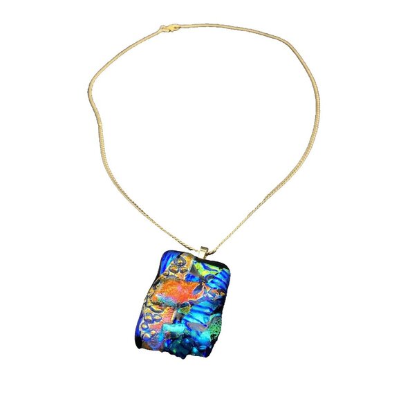 Dichroic Glass Pendant Blue Orange Green Vtg Monet Yellow Gold Plate Snake Chain - Picture 1 of 10